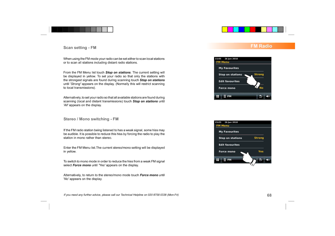 Roberts Radio ColourStream manual Scan setting FM, Stereo / Mono switching FM 