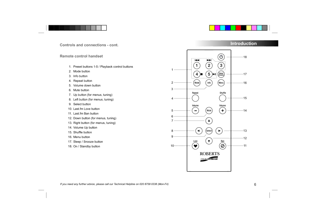 Roberts Radio ColourStream manual Controls and connections Remote control handset 