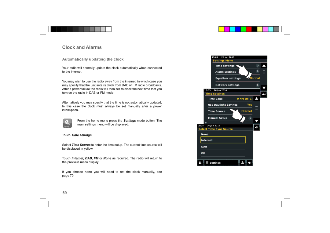 Roberts Radio ColourStream manual Automatically updating the clock, Touch Time settings 