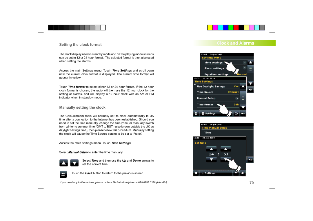 Roberts Radio ColourStream manual Clock and Alarms, Setting the clock format, Manually setting the clock 