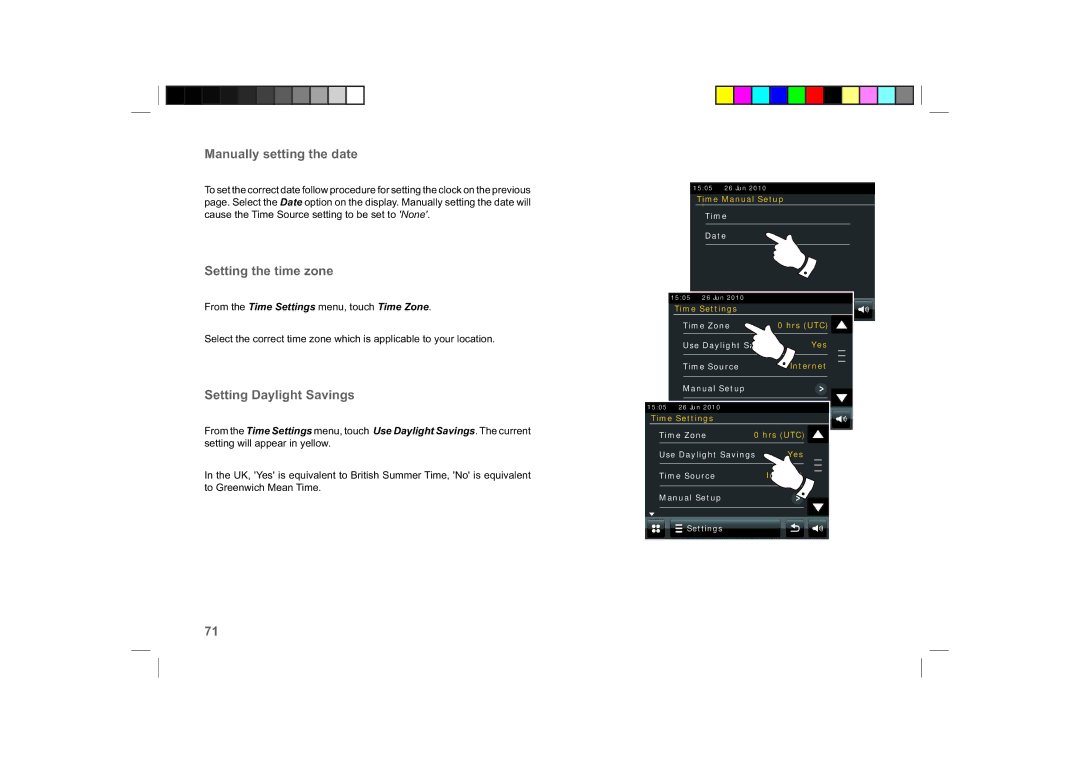 Roberts Radio ColourStream manual Manually setting the date, Setting the time zone, Setting Daylight Savings 