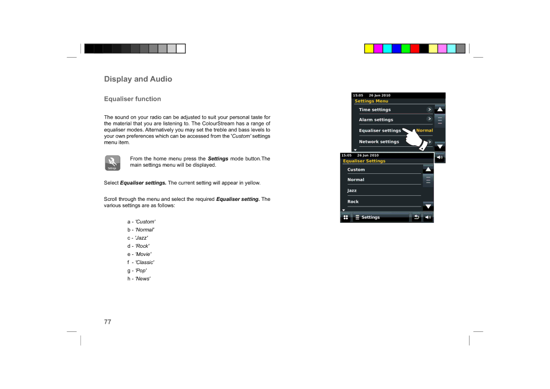 Roberts Radio ColourStream manual Display and Audio, Equaliser function 