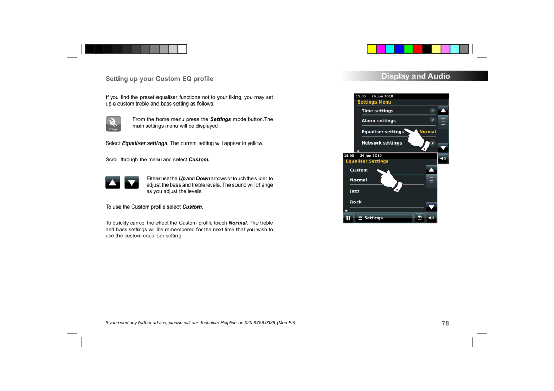 Roberts Radio ColourStream manual Display and Audio, Setting up your Custom EQ proﬁle 