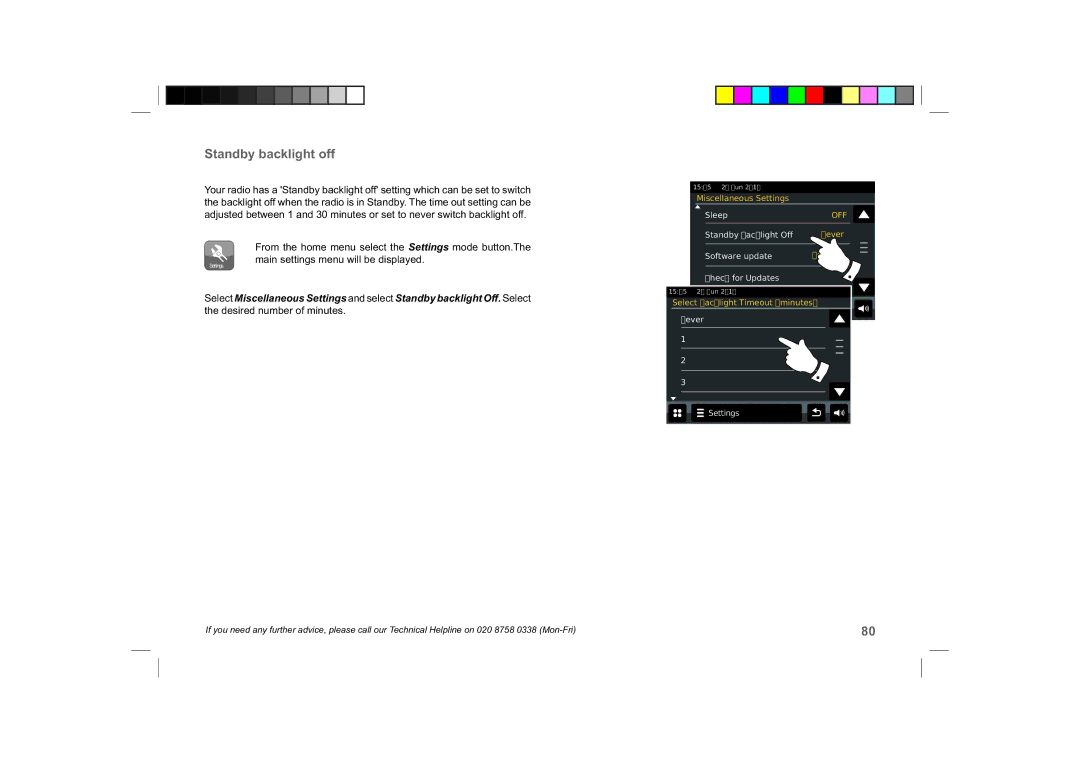 Roberts Radio ColourStream manual Standby backlight off 