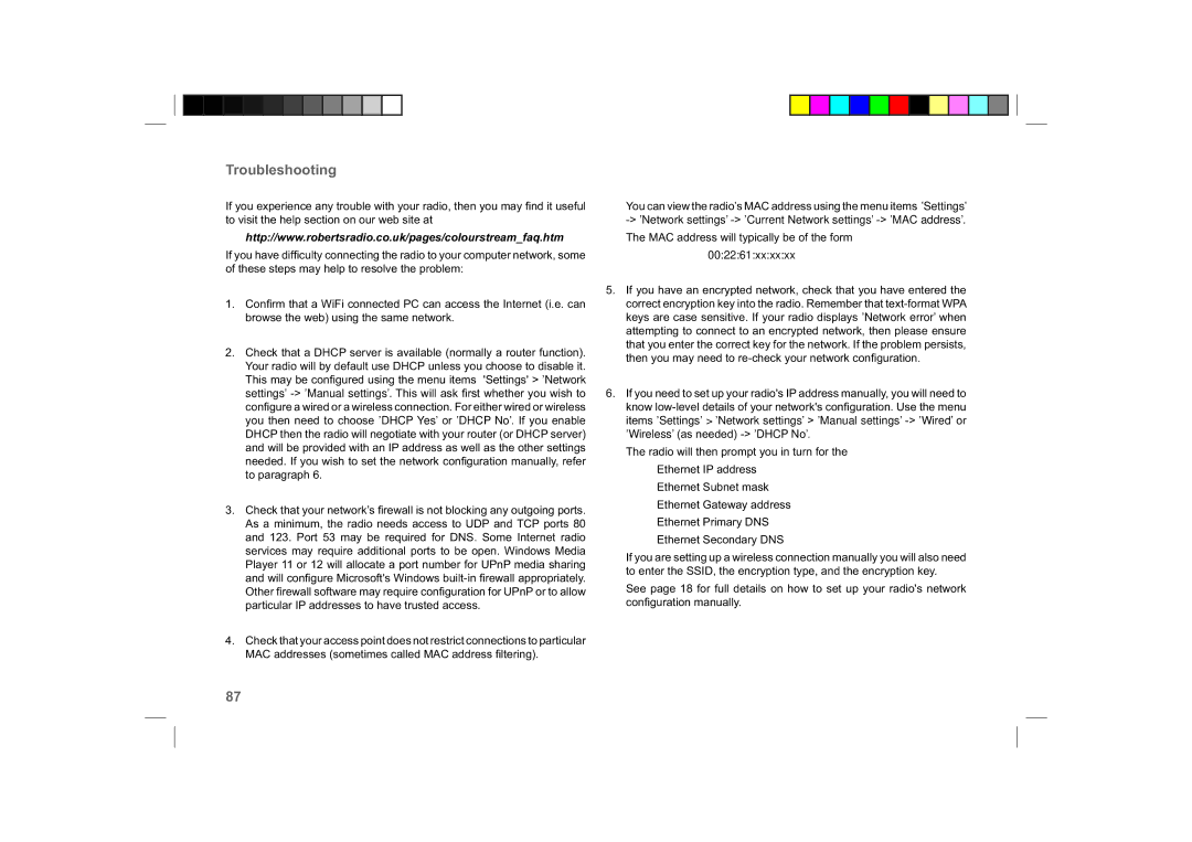 Roberts Radio ColourStream manual Troubleshooting, 002261xxxxxx 