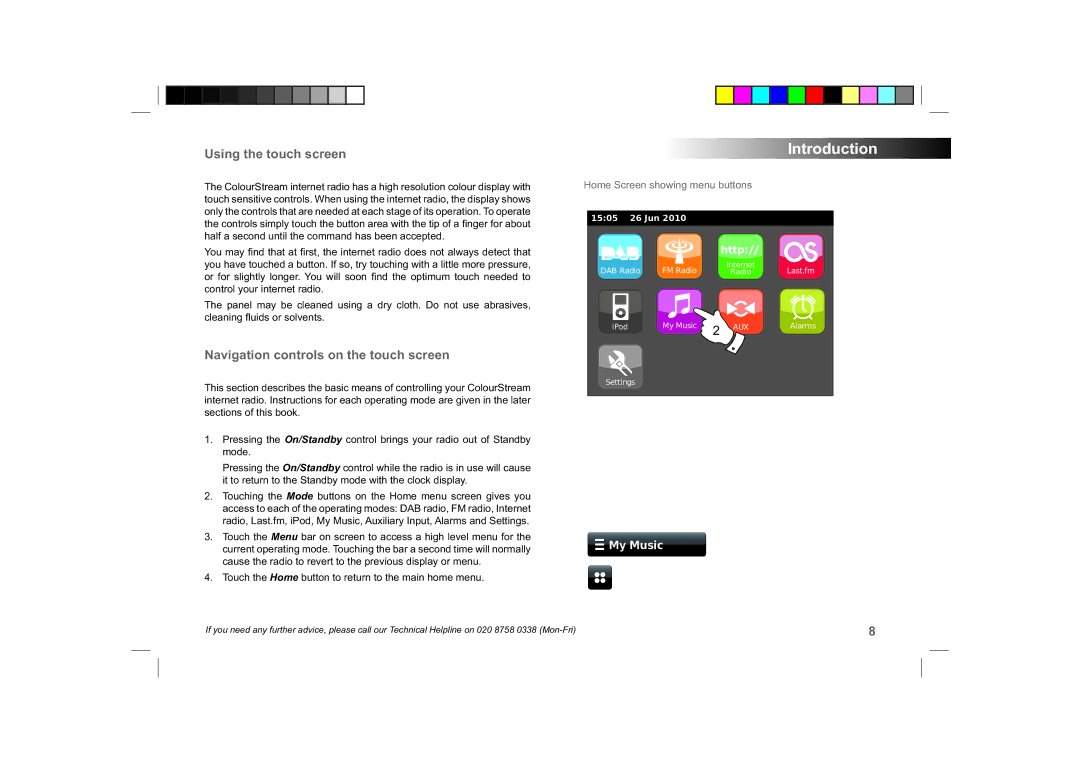 Roberts Radio ColourStream manual Using the touch screen, Navigation controls on the touch screen 