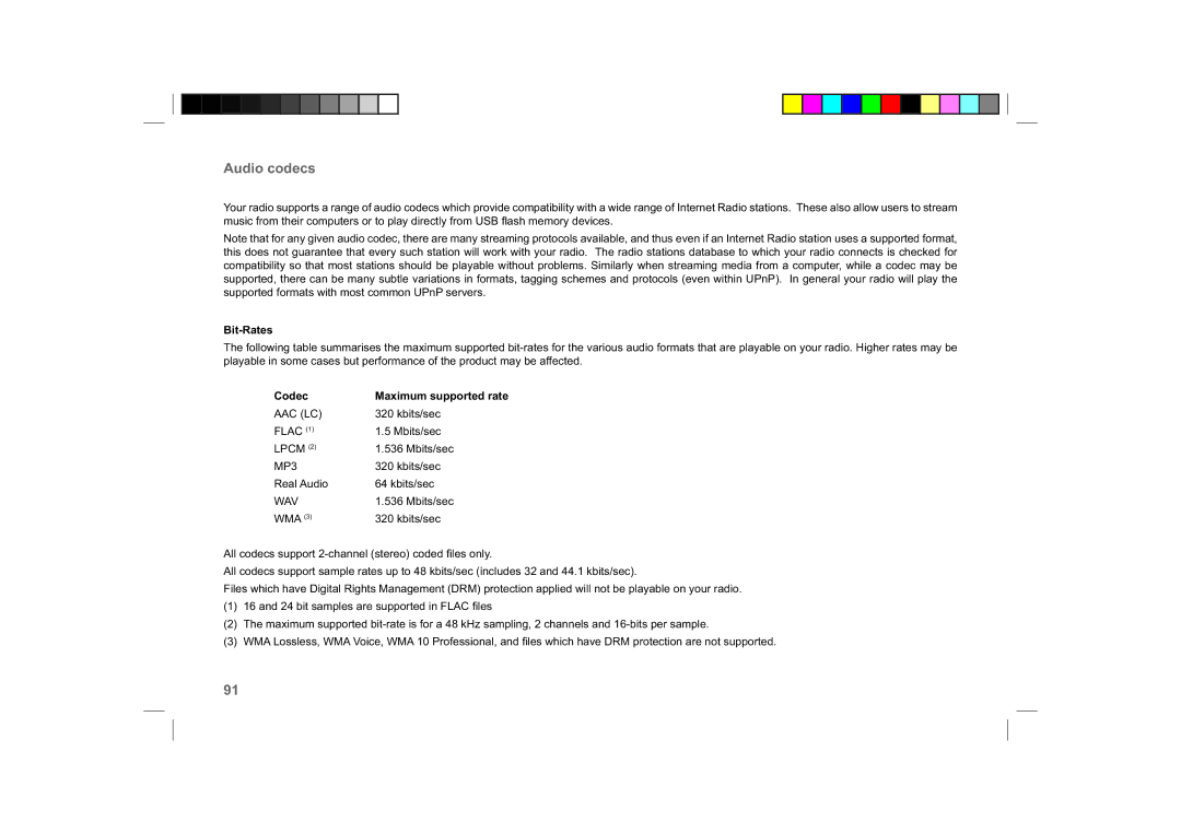 Roberts Radio ColourStream manual Audio codecs, Bit-Rates 