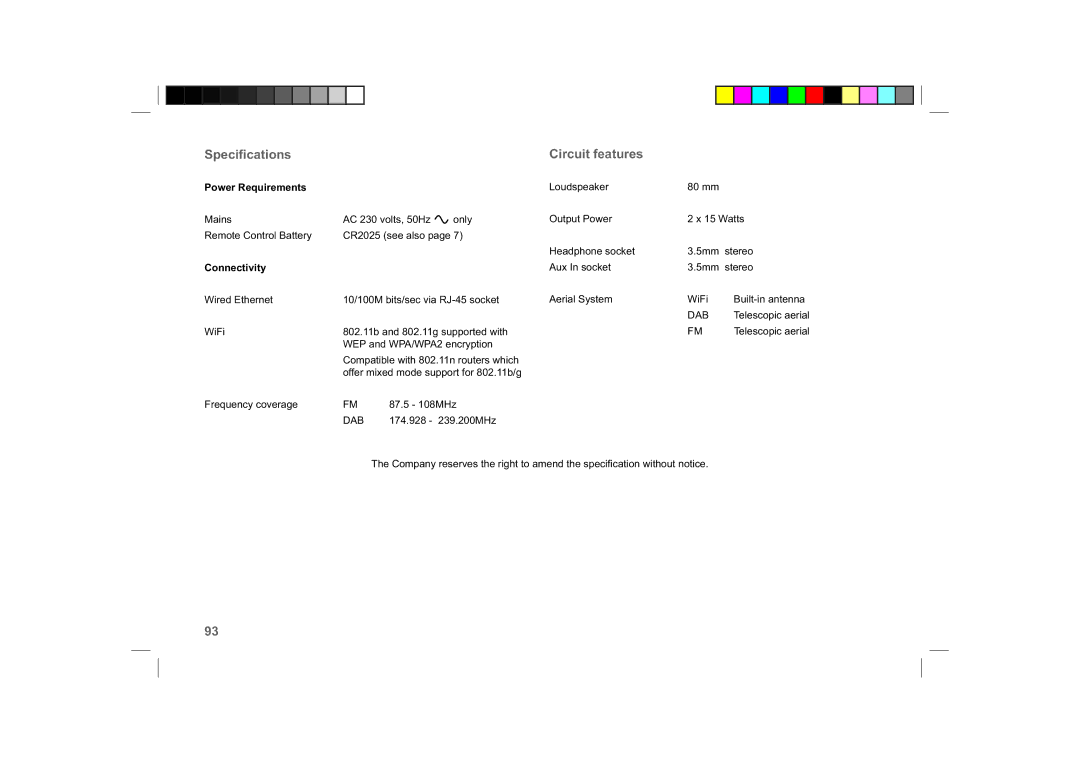 Roberts Radio ColourStream manual Speciﬁcations, Circuit features 