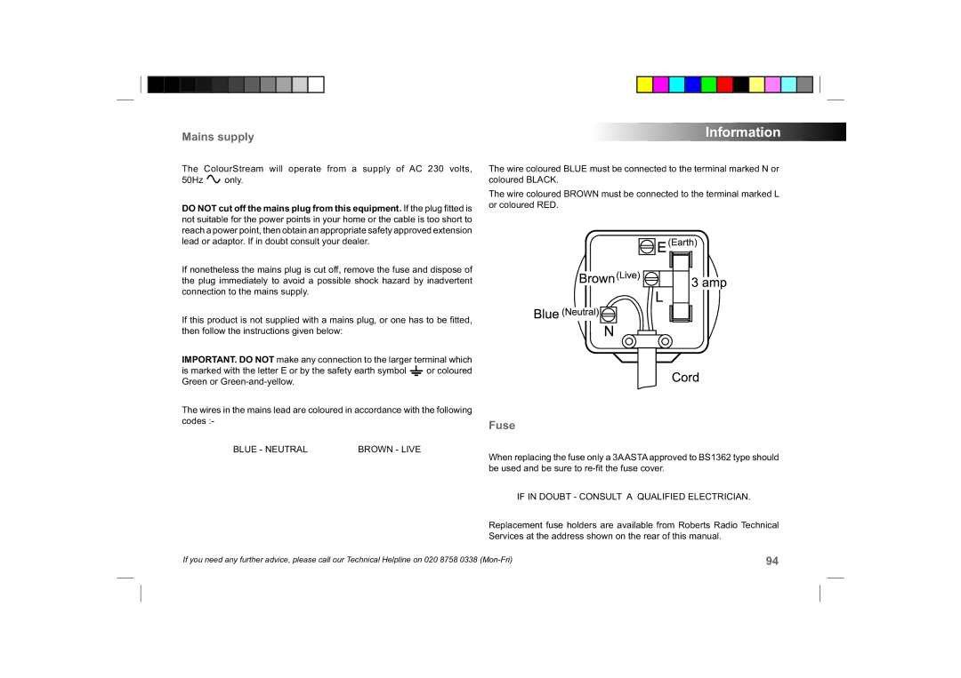 Roberts Radio ColourStream manual Mains supply, Fuse 