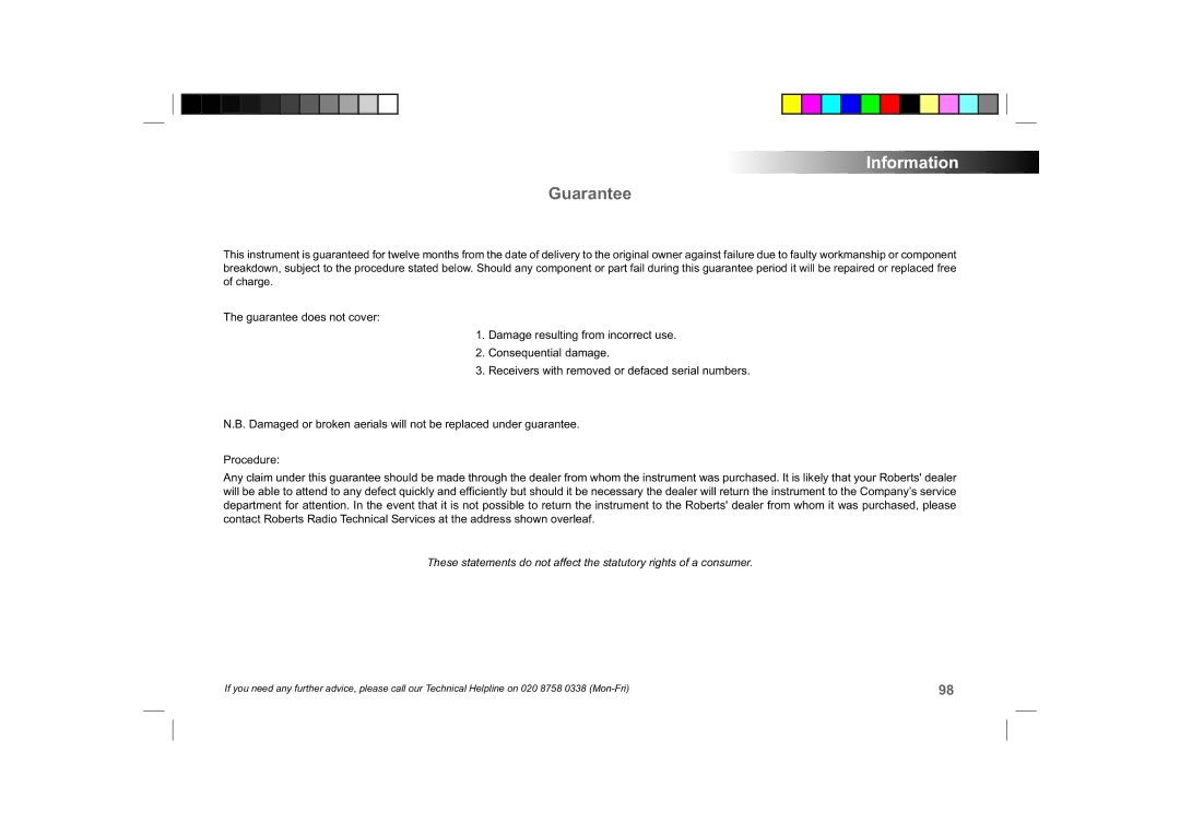 Roberts Radio ColourStream manual Guarantee 