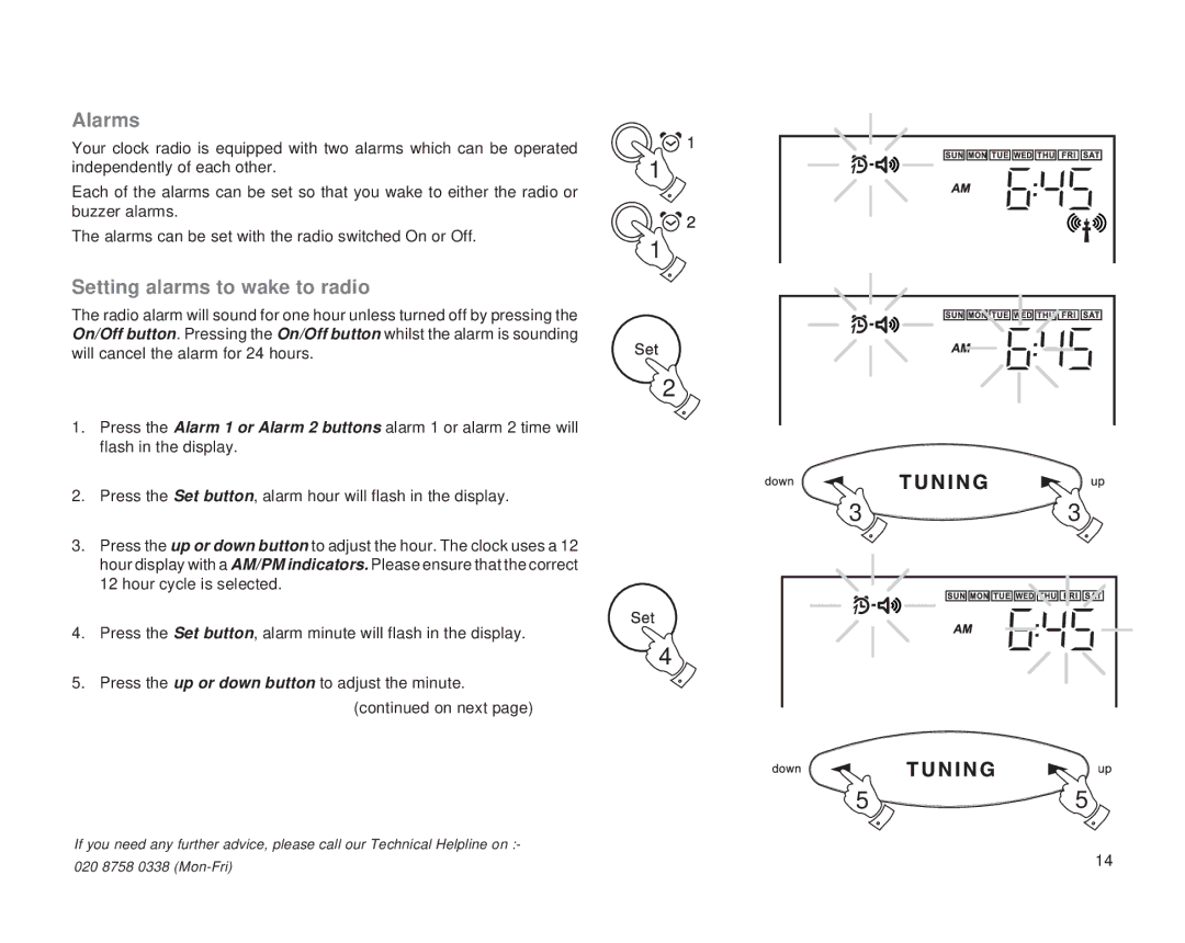 Roberts Radio CR2002 manual Alarms, Setting alarms to wake to radio 