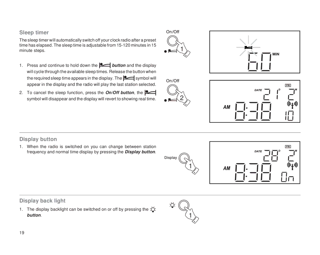 Roberts Radio CR2002 manual Sleep timer, Display button, Display back light 