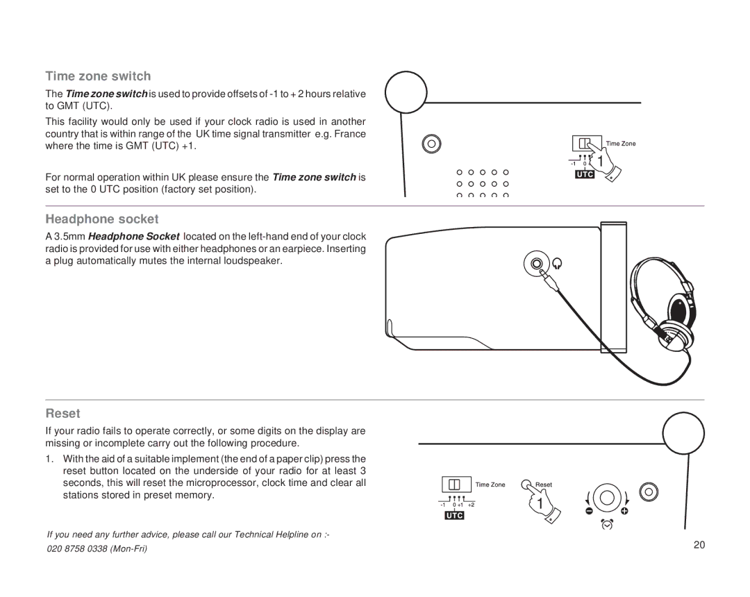 Roberts Radio CR2002 manual Time zone switch, Headphone socket, Reset 