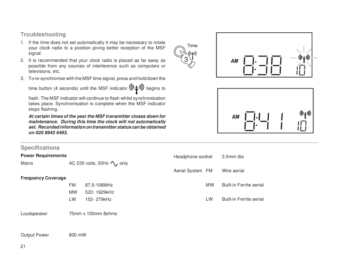 Roberts Radio CR2002 manual Troubleshooting, Specifications 