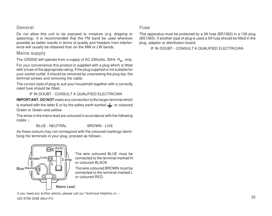 Roberts Radio CR2002 manual General, Mains supply, Fuse 