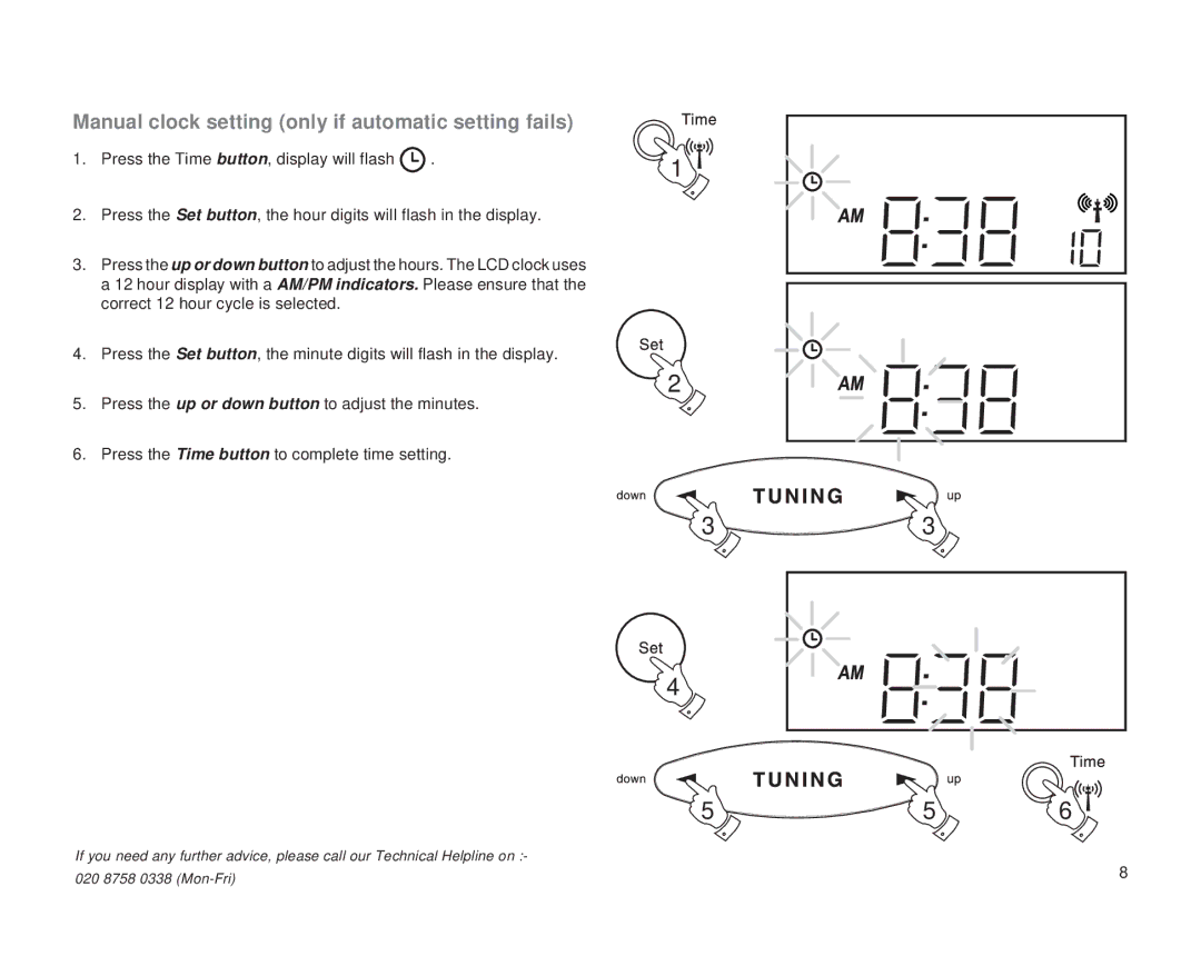 Roberts Radio CR2002 manual Manual clock setting only if automatic setting fails 