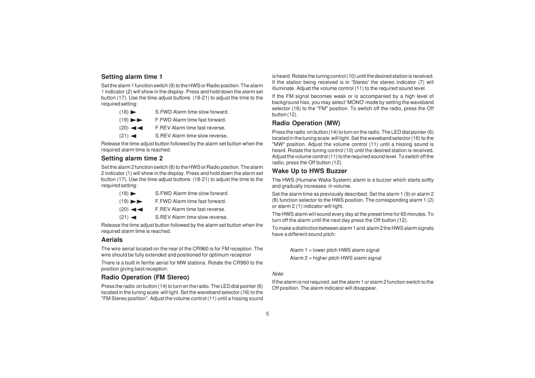 Roberts Radio CR960 Setting alarm time, Aerials, Radio Operation FM Stereo, Radio Operation MW, Wake Up to HWS Buzzer 