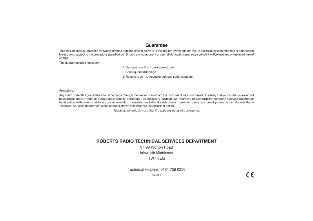 Roberts Radio CR960 manual Guarantee 