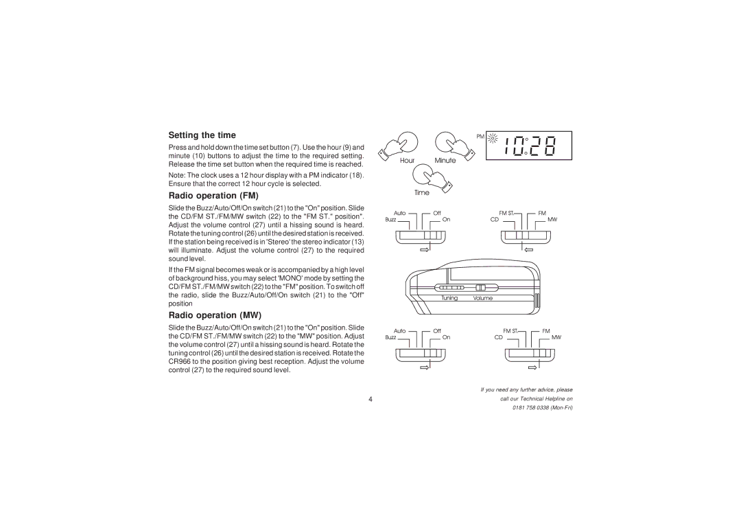 Roberts Radio CR966 manual Setting the time, Radio operation FM, Radio operation MW 