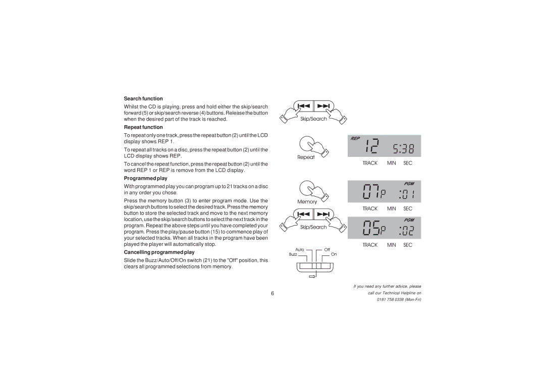 Roberts Radio CR966 manual Search function, Repeat function, Programmed play, Cancelling programmed play 