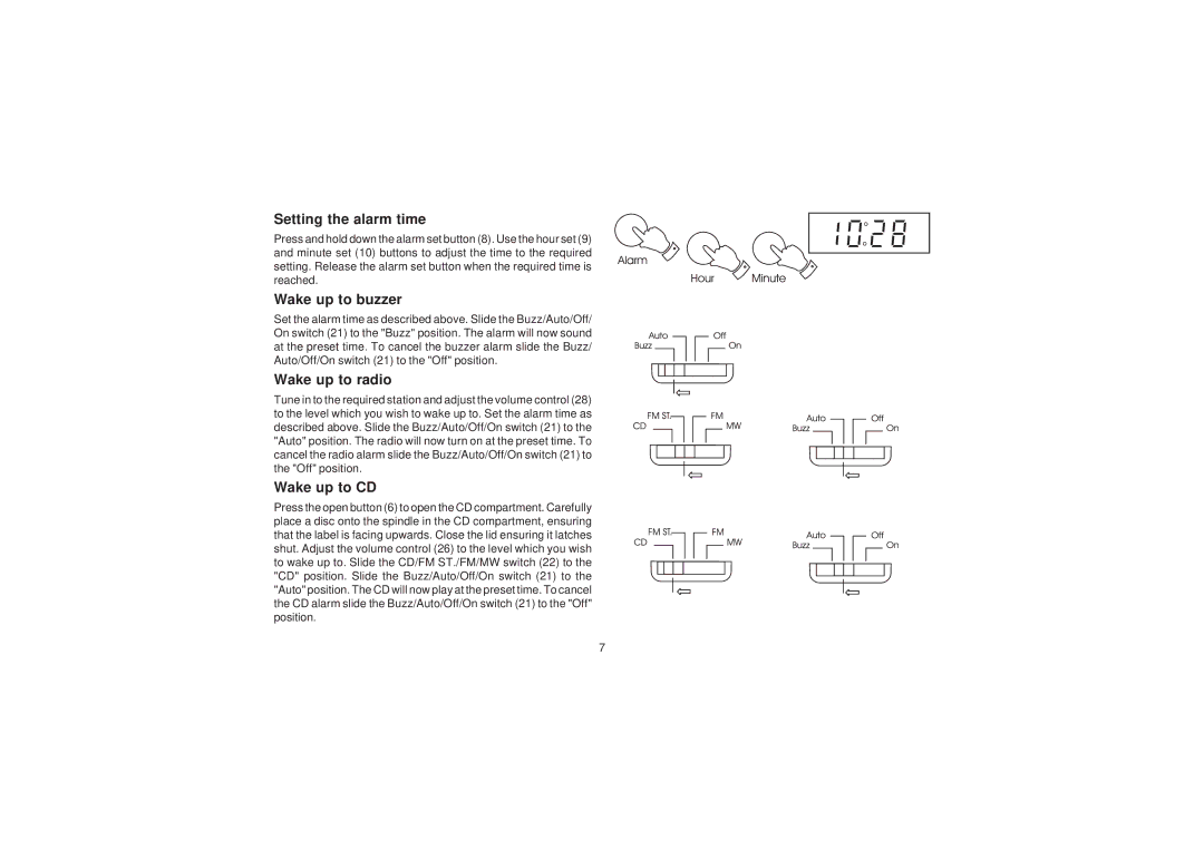 Roberts Radio CR966 manual Setting the alarm time, Wake up to buzzer, Wake up to radio, Wake up to CD 