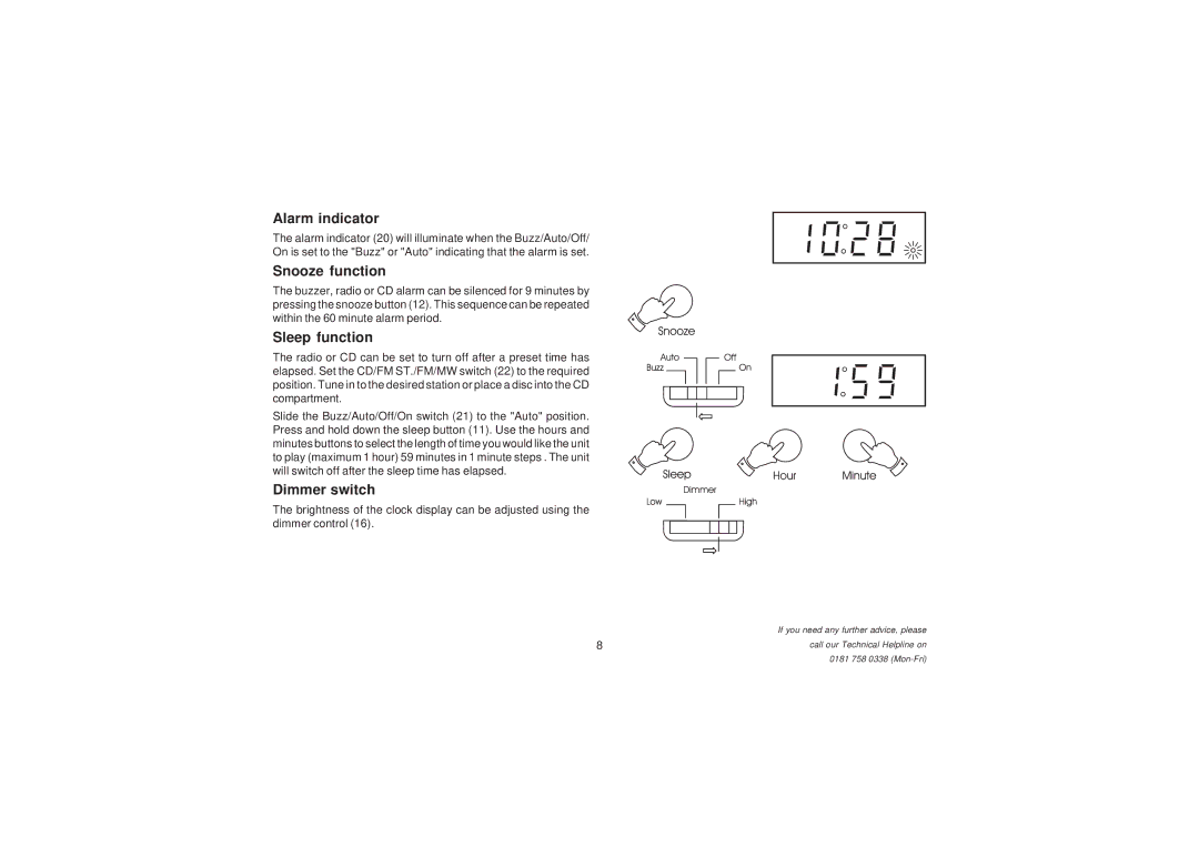 Roberts Radio CR966 manual Alarm indicator, Snooze function, Sleep function, Dimmer switch 