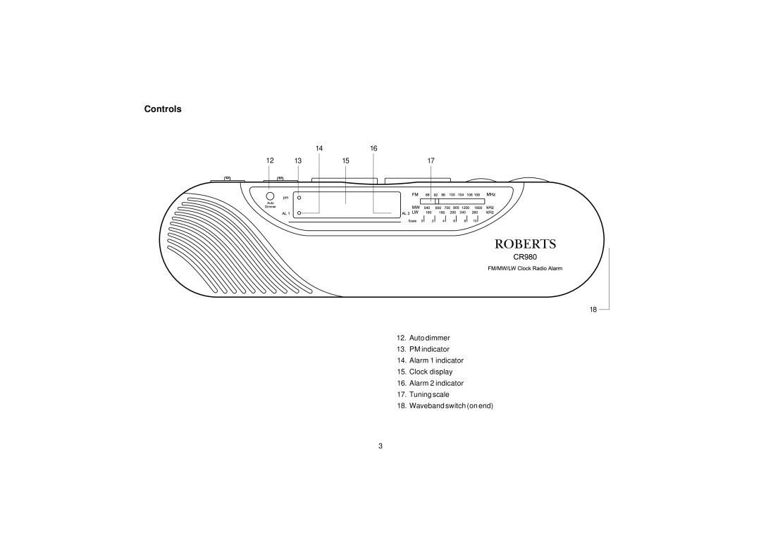 Roberts Radio CR980 manual Controls 