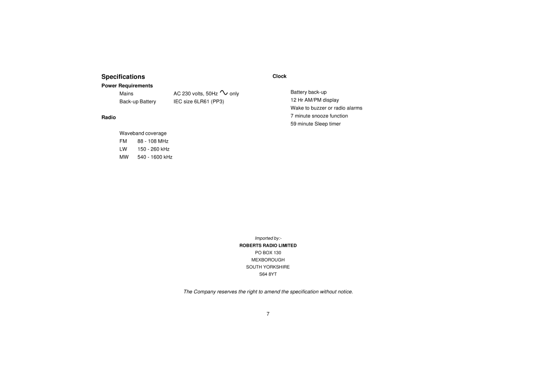 Roberts Radio CR980 manual Specifications, Clock 