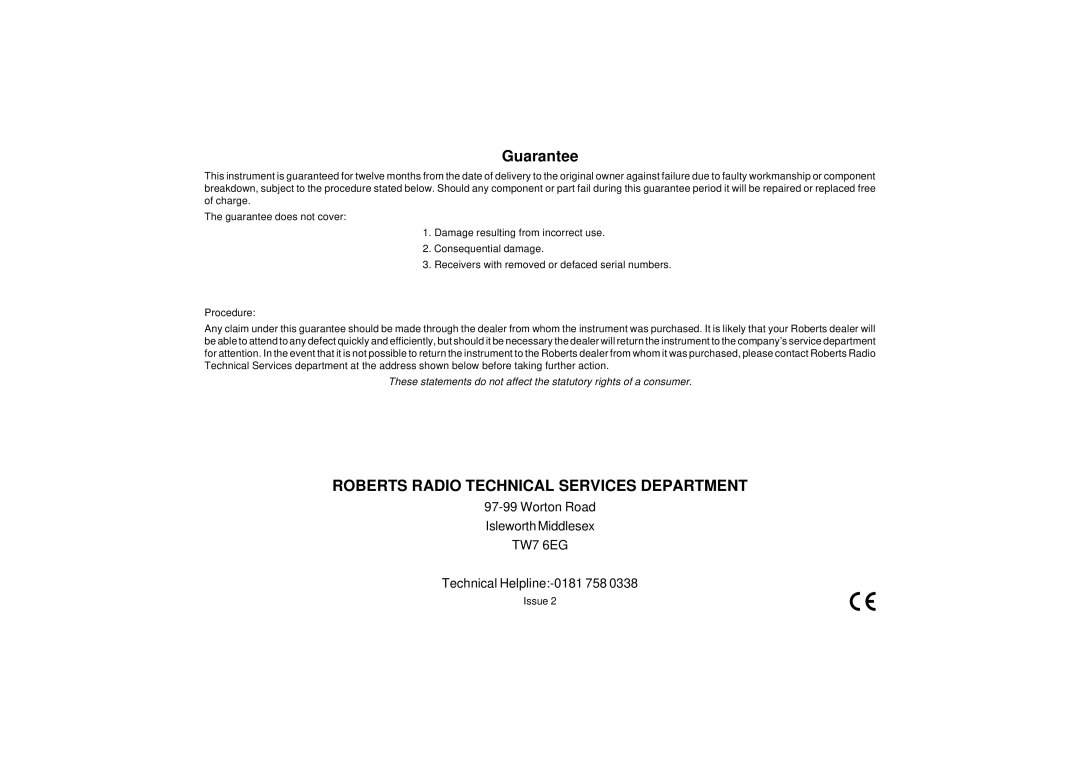 Roberts Radio CR980 manual Guarantee 