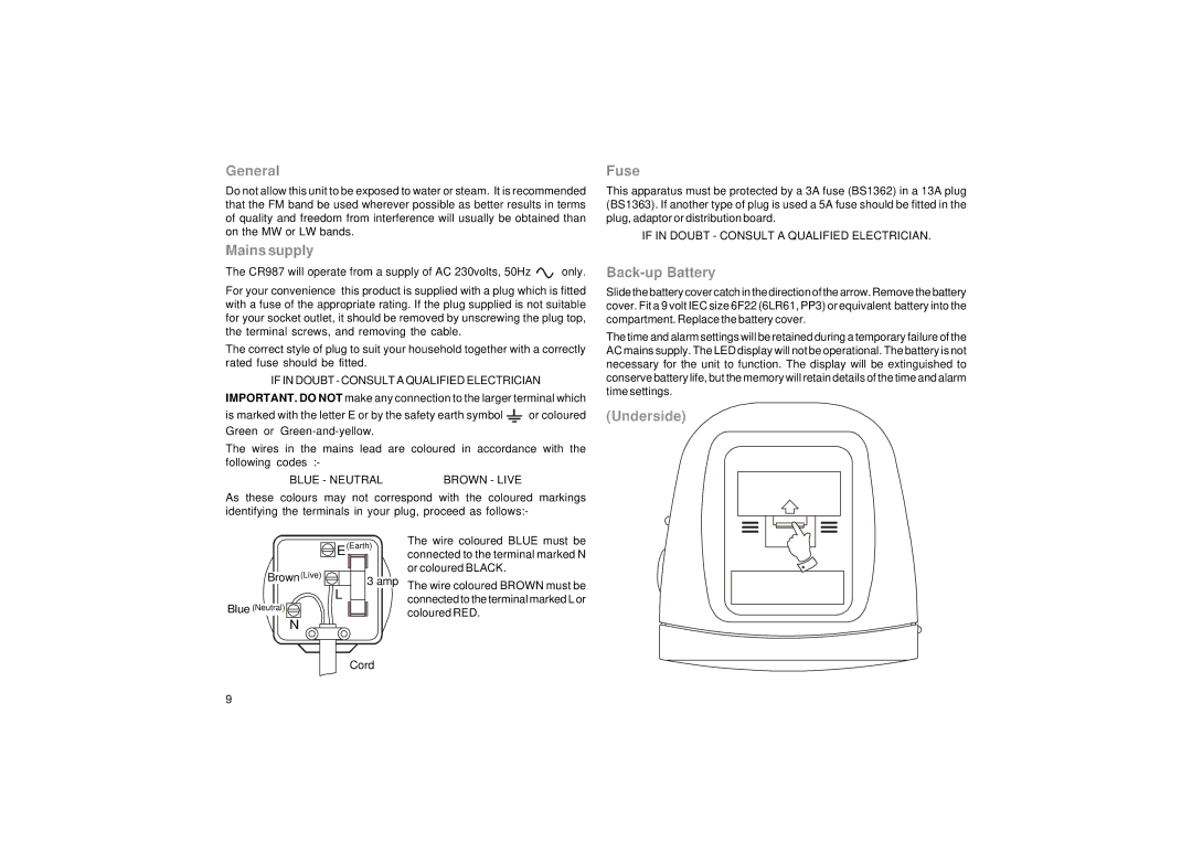 Roberts Radio CR987 manual General, Mains supply, Fuse, Back-up Battery, Underside 