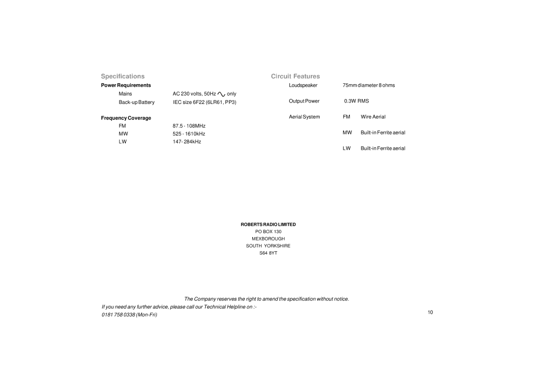 Roberts Radio CR987 manual Specifications, Circuit Features 