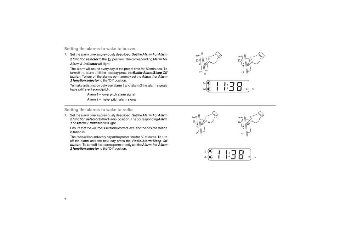 Roberts Radio CR987 manual Setting the alarms to wake to buzzer, Setting the alarms to wake to radio 