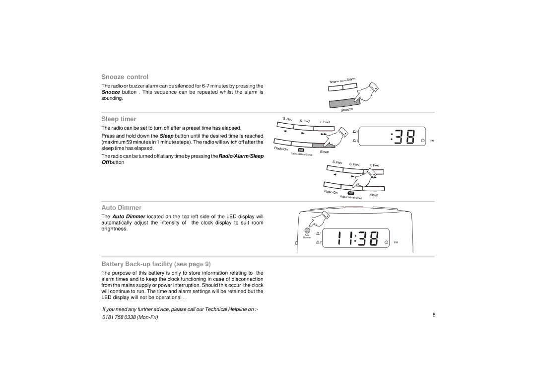 Roberts Radio CR987 manual Snooze control, Sleep timer, Auto Dimmer, Battery Back-up facility see 