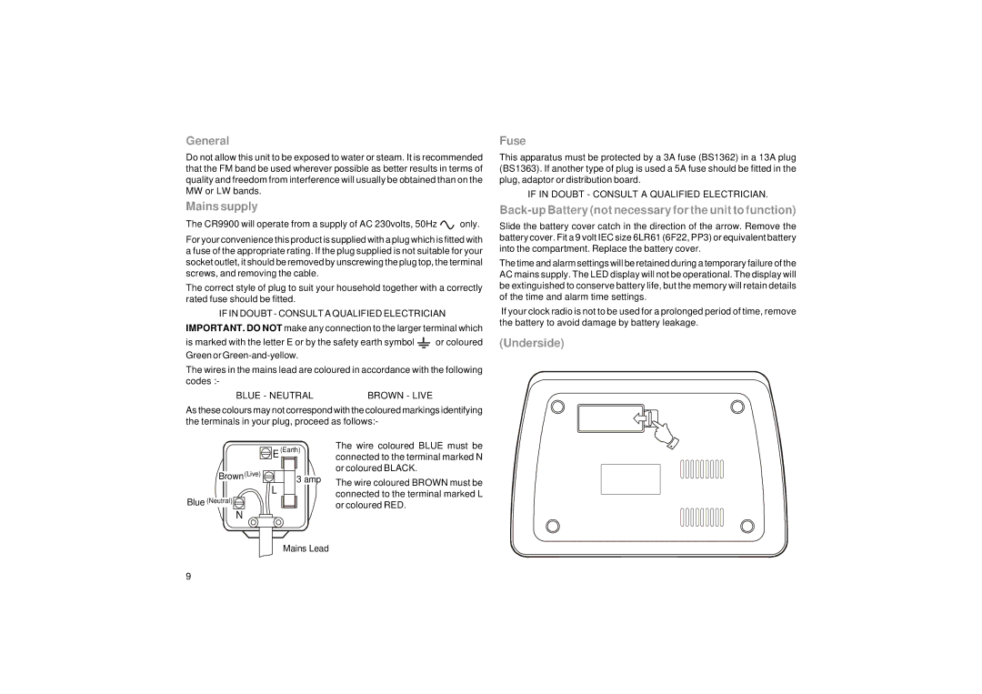 Roberts Radio CR9900 manual General, Mains supply, Fuse, Back-up Battery not necessary for the unit to function, Underside 