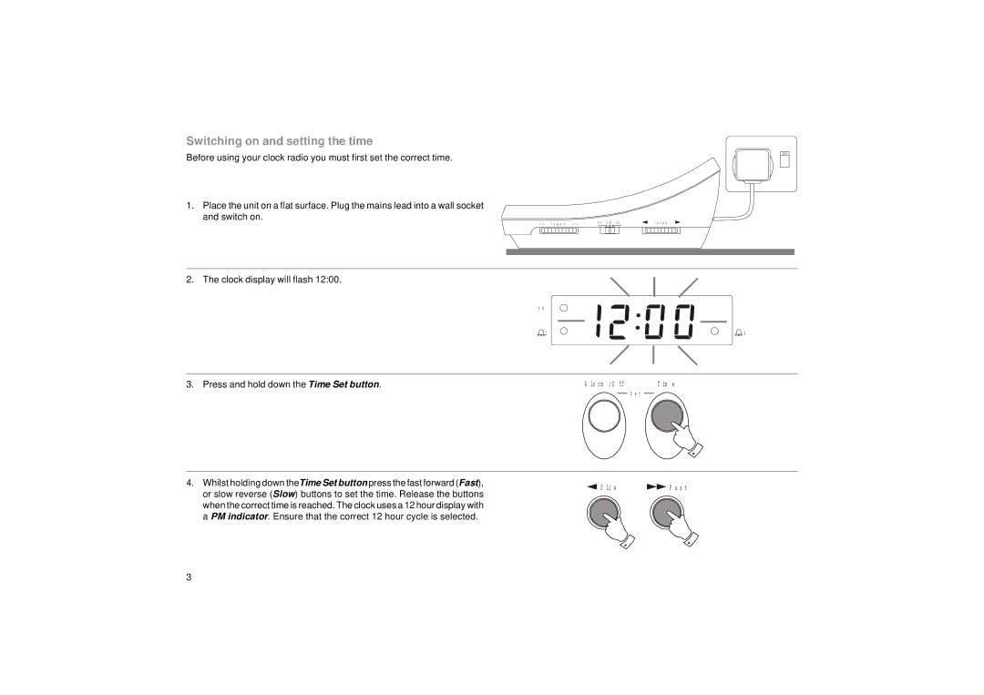 Roberts Radio CR9900 manual Switching on and setting the time, Clock display will flash 