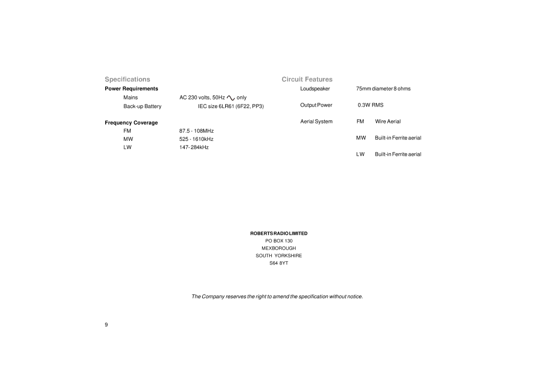 Roberts Radio CR9901 manual Specifications, Circuit Features 