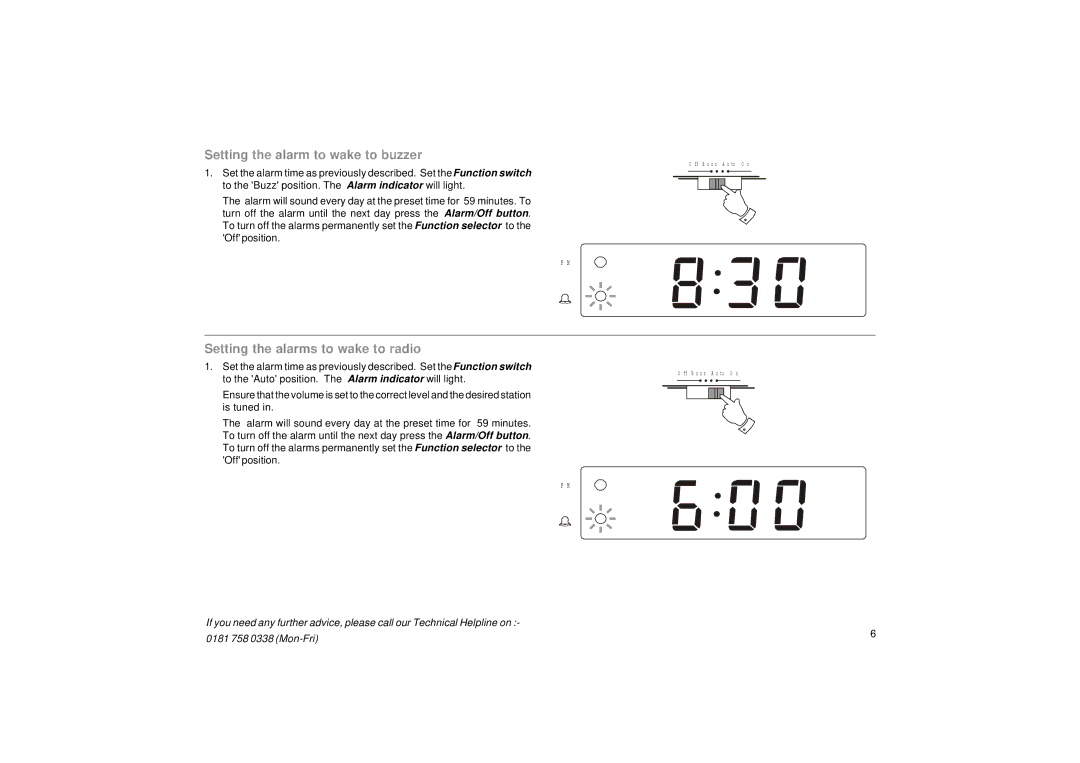 Roberts Radio CR9901 manual Setting the alarm to wake to buzzer, Setting the alarms to wake to radio 