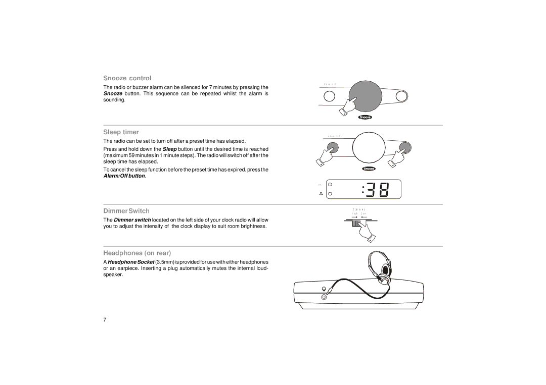 Roberts Radio CR9901 manual Snooze control, Sleep timer, Dimmer Switch, Headphones on rear 