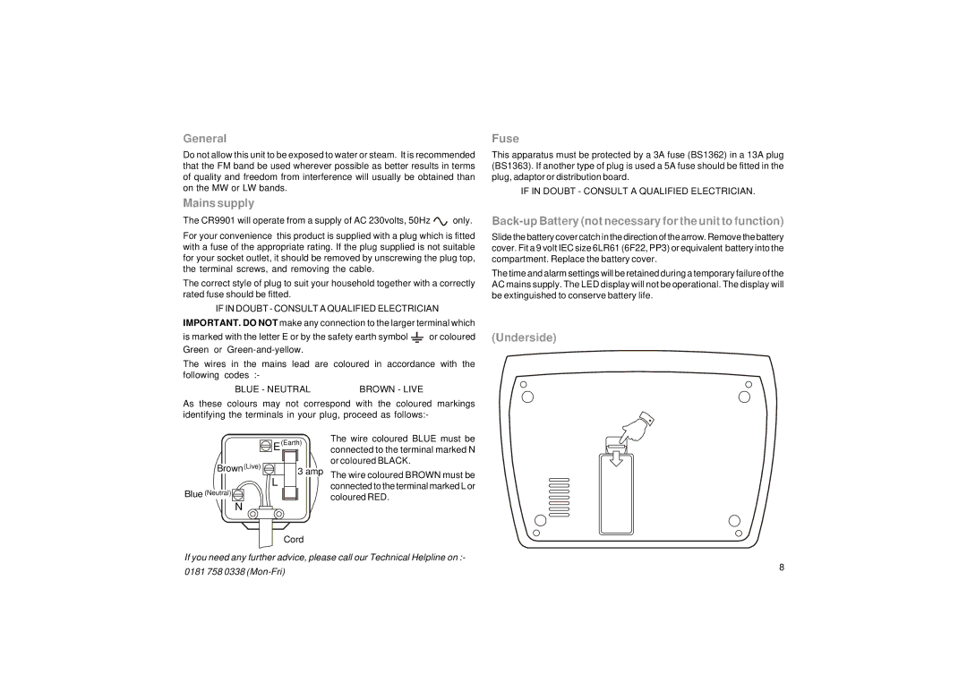 Roberts Radio CR9901 manual General, Mains supply, Fuse, Back-up Battery not necessary for the unit to function, Underside 