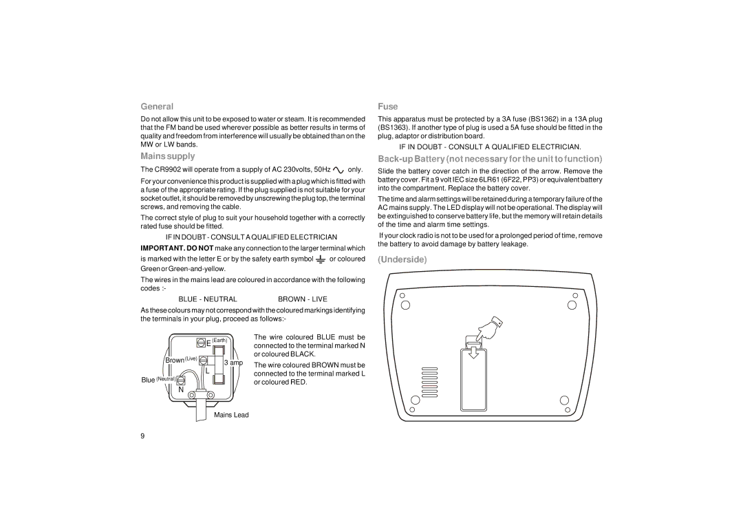 Roberts Radio CR9902 manual General, Mains supply, Fuse, Back-up Battery not necessary for the unit to function, Underside 