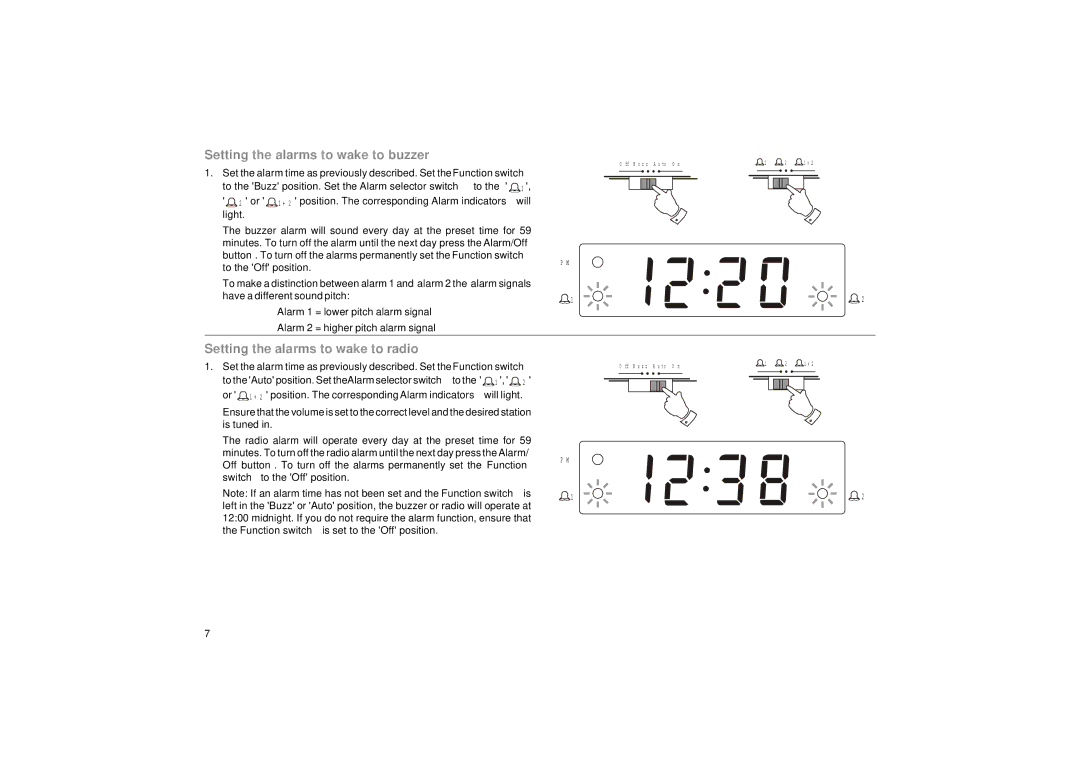 Roberts Radio CR9902 manual Setting the alarms to wake to buzzer, Setting the alarms to wake to radio 