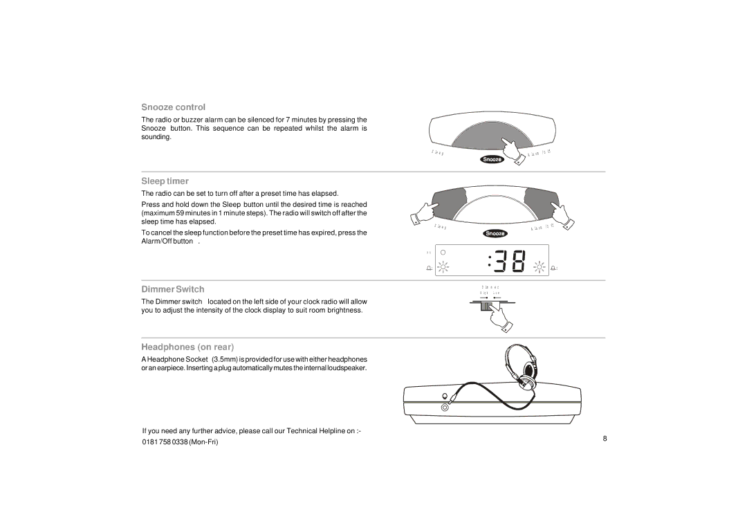 Roberts Radio CR9902 manual Snooze control, Sleep timer, Dimmer Switch, Headphones on rear 