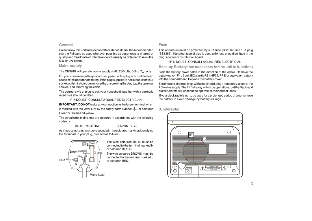 Roberts Radio CR9910 manual General, Mains supply, Fuse, Back-up Battery not necessary for the unit to function, Underside 