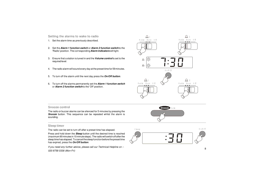 Roberts Radio CR9910 manual Setting the alarms to wake to radio, Snooze control, Sleep timer 