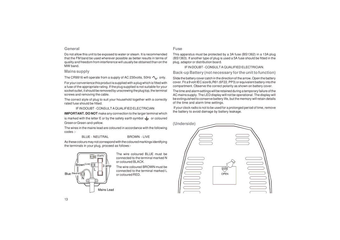 Roberts Radio CR9916 manual General, Mains supply, Fuse, Back-up Battery not necessary for the unit to function, Underside 