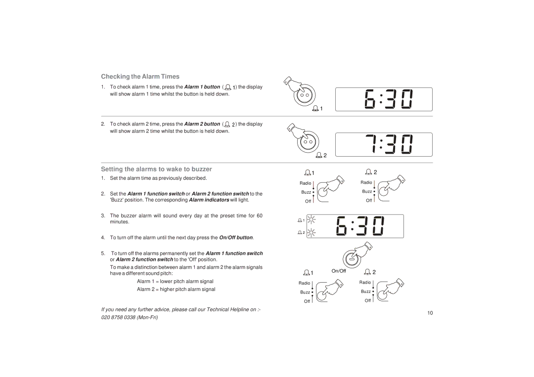 Roberts Radio CR9919 manual Checking the Alarm Times, Setting the alarms to wake to buzzer 