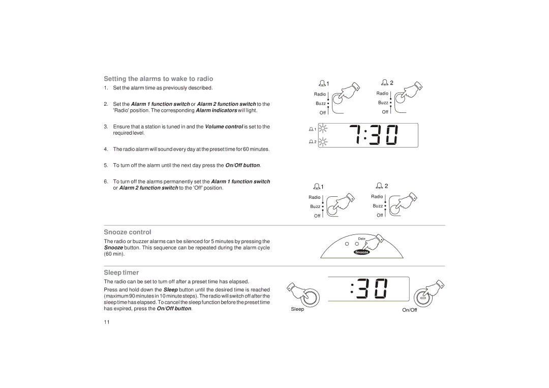 Roberts Radio CR9919 manual Setting the alarms to wake to radio, Snooze control, Sleep timer 