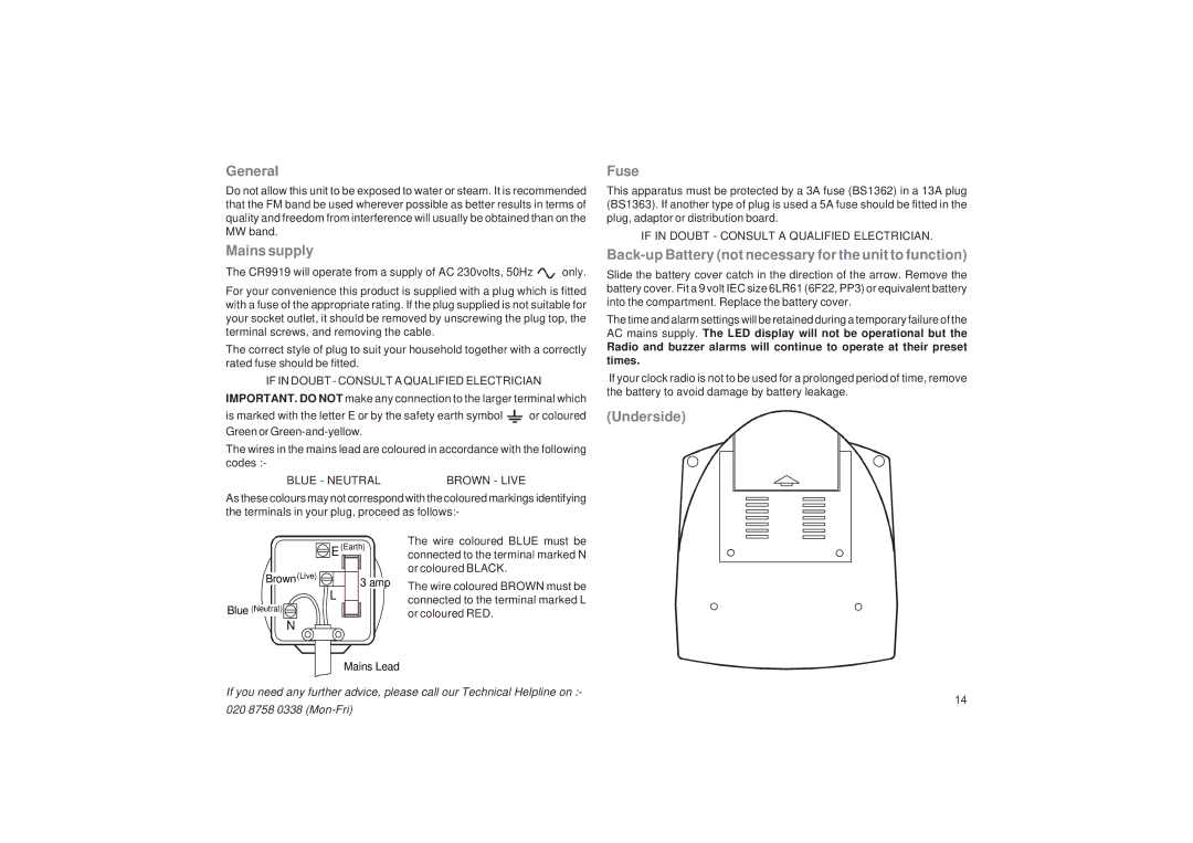 Roberts Radio CR9919 manual General, Mains supply, Fuse, Back-up Battery not necessary for the unit to function, Underside 