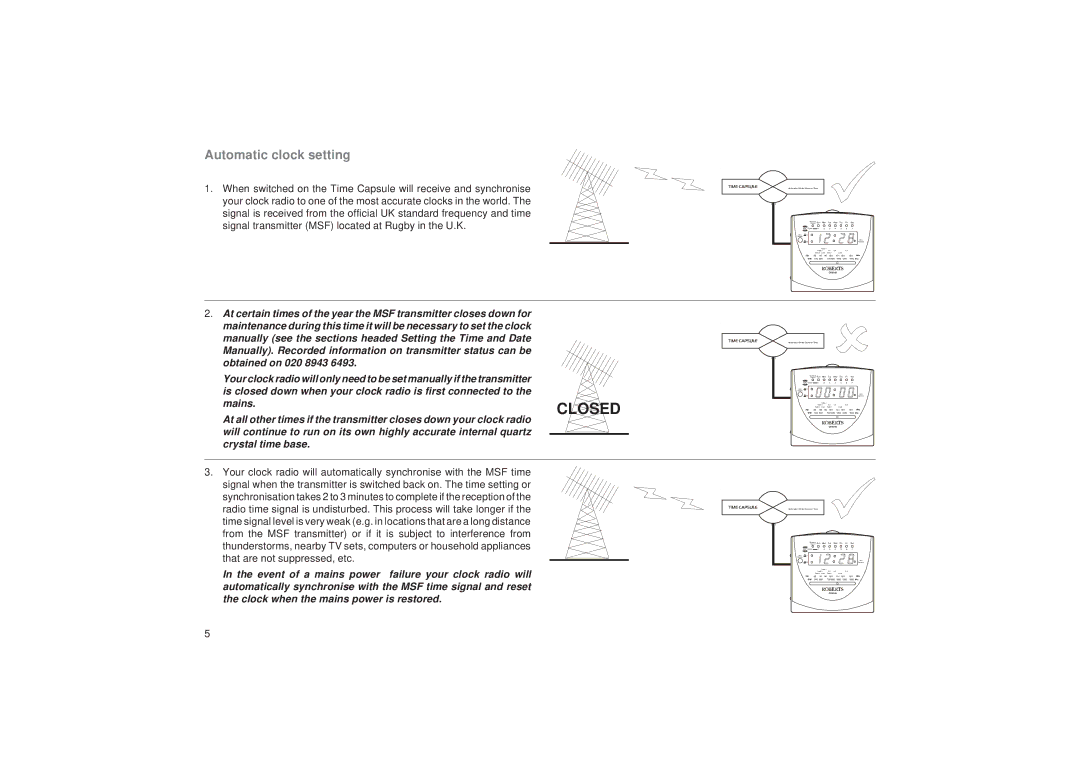 Roberts Radio CR9919 manual Closed, Automatic clock setting 