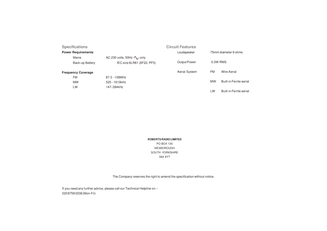 Roberts Radio CR9920 manual Specifications, Circuit Features 